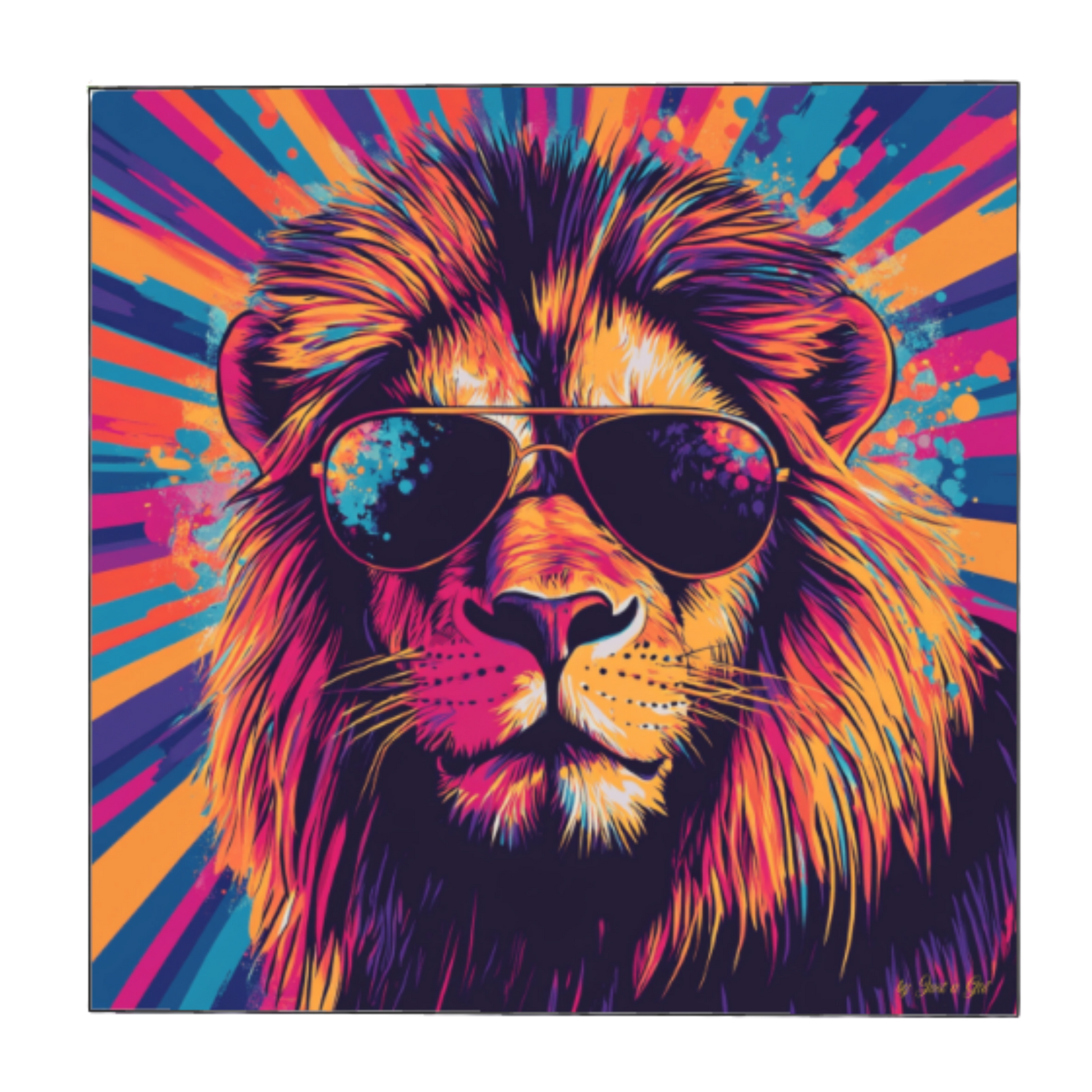 Farbenfrohes Pop-Art-Kunstwerk eines Löwen mit Sonnenbrille vor bunt gestrahltem Hintergrund, gerahmt in einem schwarzen Rahmen.