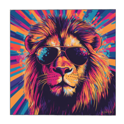Farbenfrohes Pop-Art-Kunstwerk eines Löwen mit Sonnenbrille vor bunt gestrahltem Hintergrund, gerahmt in einem schwarzen Rahmen.