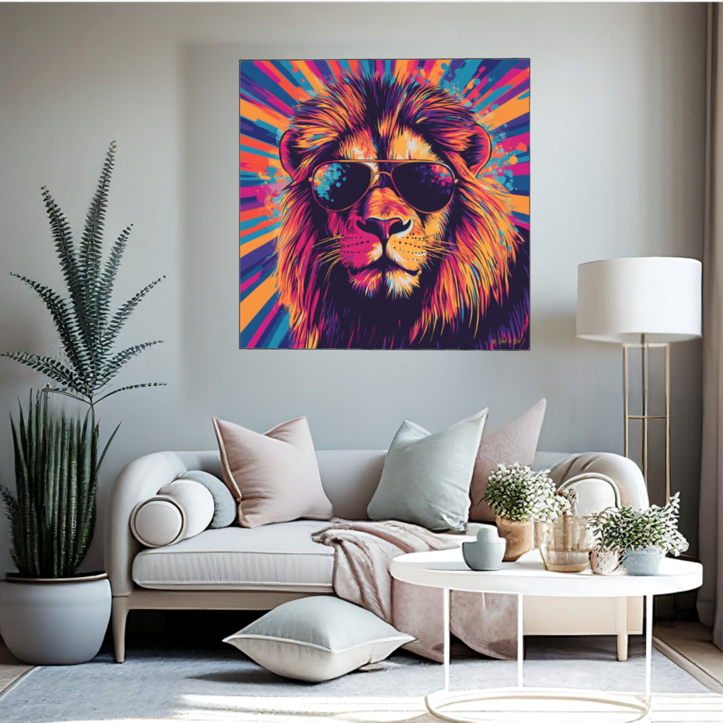 Farbenfrohes Pop-Art-Kunstwerk eines Löwen mit Sonnenbrille vor bunt gestrahltem Hintergrund, gerahmt in einem schwarzen Rahmen. Platziert an der Wand überhalb eines Sofas