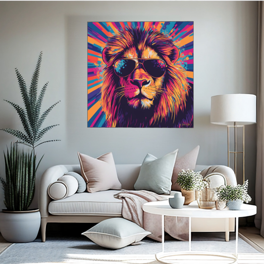 Farbenfrohes Pop-Art-Kunstwerk eines Löwen mit Sonnenbrille vor bunt gestrahltem Hintergrund, gerahmt in einem schwarzen Rahmen. Platziert an der Wand überhalb eines Sofas