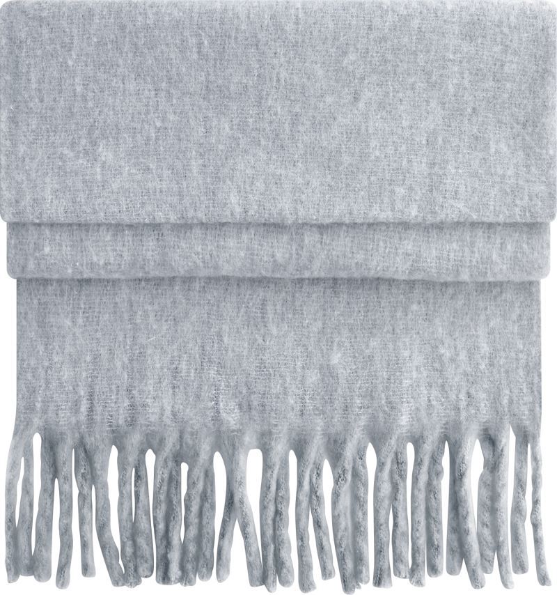Oversized Schal für Damen in Heather Grey aus weichem, voluminösem Material mit leicht strukturierter Oberfläche, breiter Form und langen, dicht gesetzten Fransen an beiden Enden.