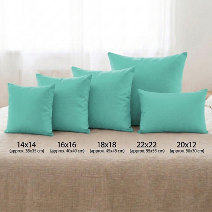 Unifarbener Kissenbezug aus 100 % Baumwolle in Seafoam, quadratisch aufgestellt. Erhältlich in den 5 Größen 35x35 cm (14"x14"), 40x40 cm (16"x16"), 45x45 cm (18"x18"), 55x55 cm (22"x22") sowie als Lendenkissen in 50x30 cm (20"x12").