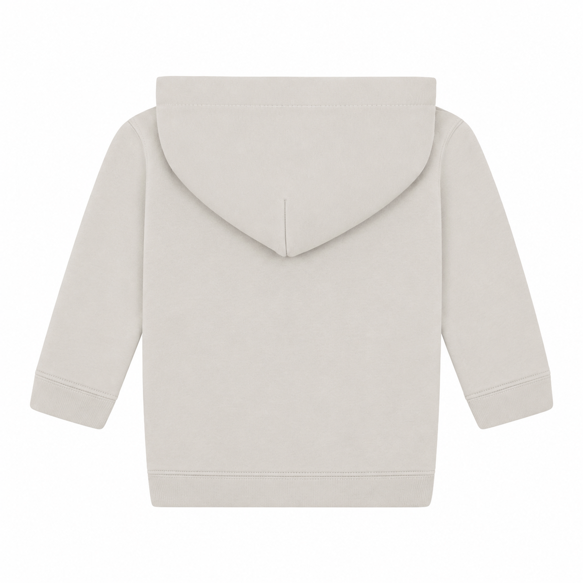 Einfarbiger Baby-Kapuzenpullover in Natural ohne Kängurutasche, mit überlappender Kapuze und breiten Rippbündchen an Ärmeln und Saum.
