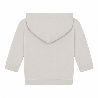 Einfarbiger Baby-Kapuzenpullover in Natural ohne Kängurutasche, mit überlappender Kapuze und breiten Rippbündchen an Ärmeln und Saum.