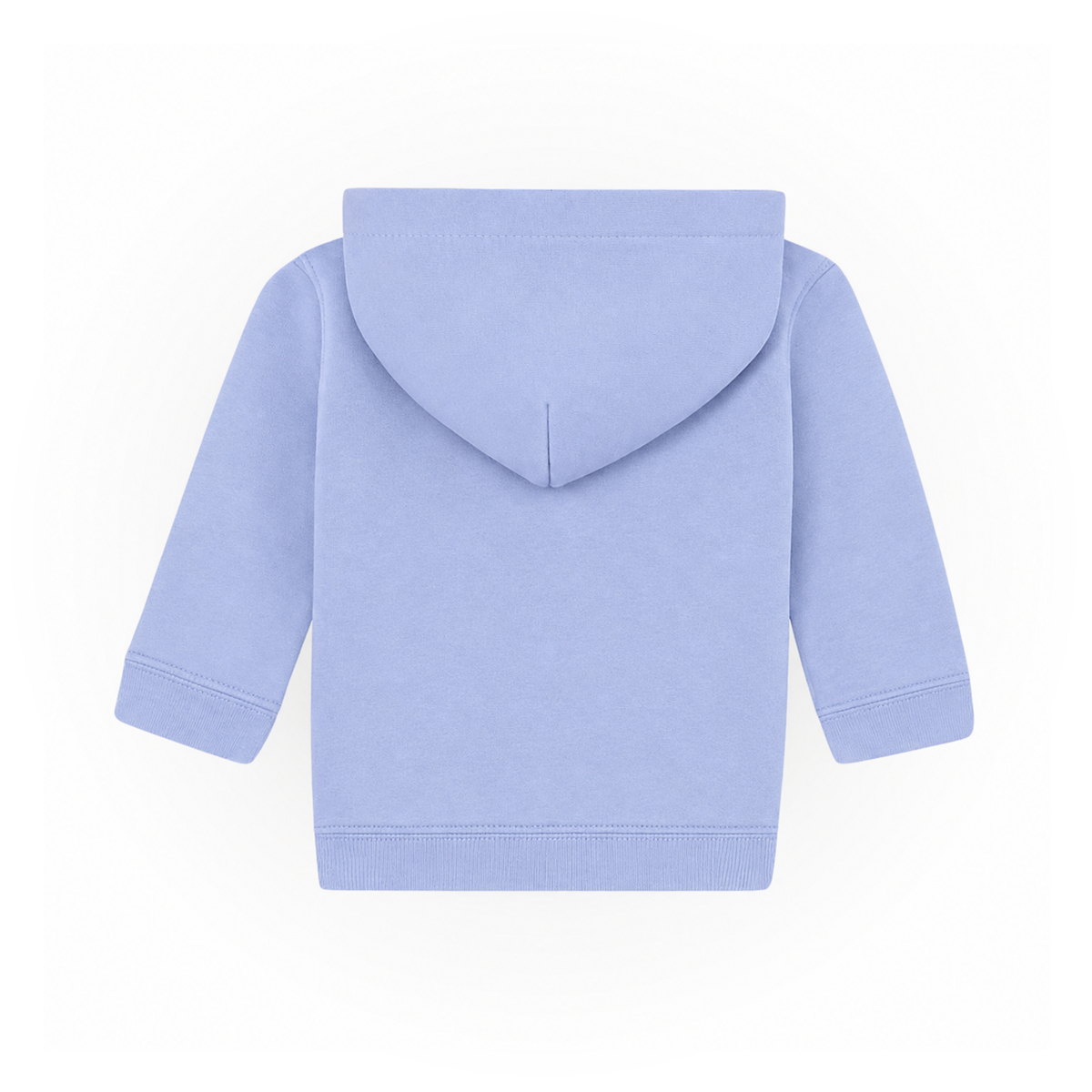 Einfarbiger Baby-Kapuzenpullover in Hellblau ohne Kängurutasche, mit überlappender Kapuze und breiten Rippbündchen an Ärmeln und Saum.