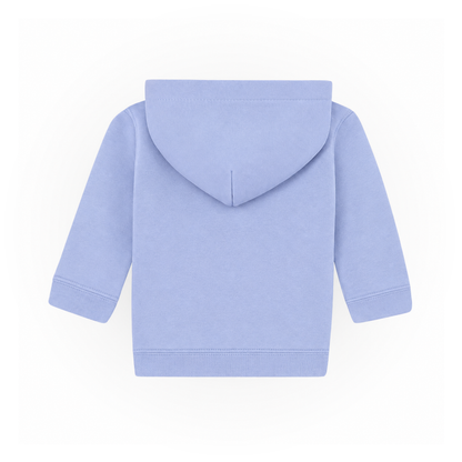 Einfarbiger Baby-Kapuzenpullover in Hellblau ohne Kängurutasche, mit überlappender Kapuze und breiten Rippbündchen an Ärmeln und Saum.