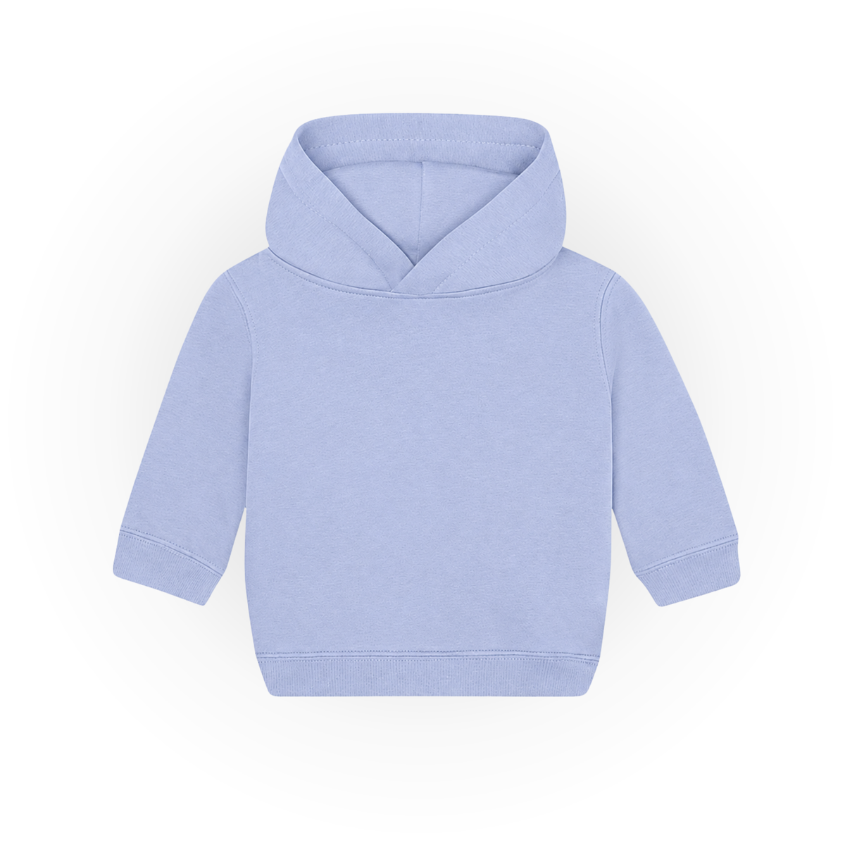 Einfarbiger Baby-Kapuzenpullover in Hellblau ohne Kängurutasche, mit überlappender Kapuze und breiten Rippbündchen an Ärmeln und Saum.