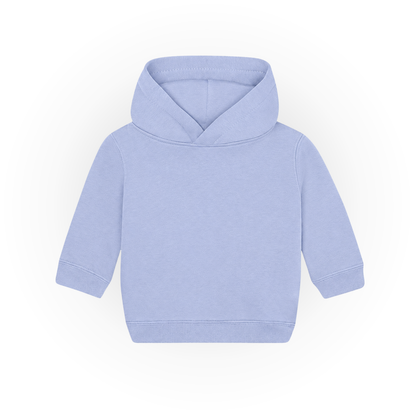 Einfarbiger Baby-Kapuzenpullover in Hellblau ohne Kängurutasche, mit überlappender Kapuze und breiten Rippbündchen an Ärmeln und Saum.
