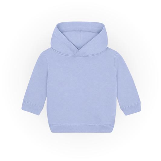 Einfarbiger Baby-Kapuzenpullover in Hellblau ohne Kängurutasche, mit überlappender Kapuze und breiten Rippbündchen an Ärmeln und Saum.