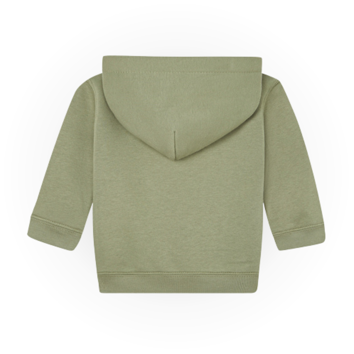 Einfarbiger Baby-Kapuzenpullover in Olive ohne Kängurutasche, mit überlappender Kapuze und breiten Rippbündchen an Ärmeln und Saum.