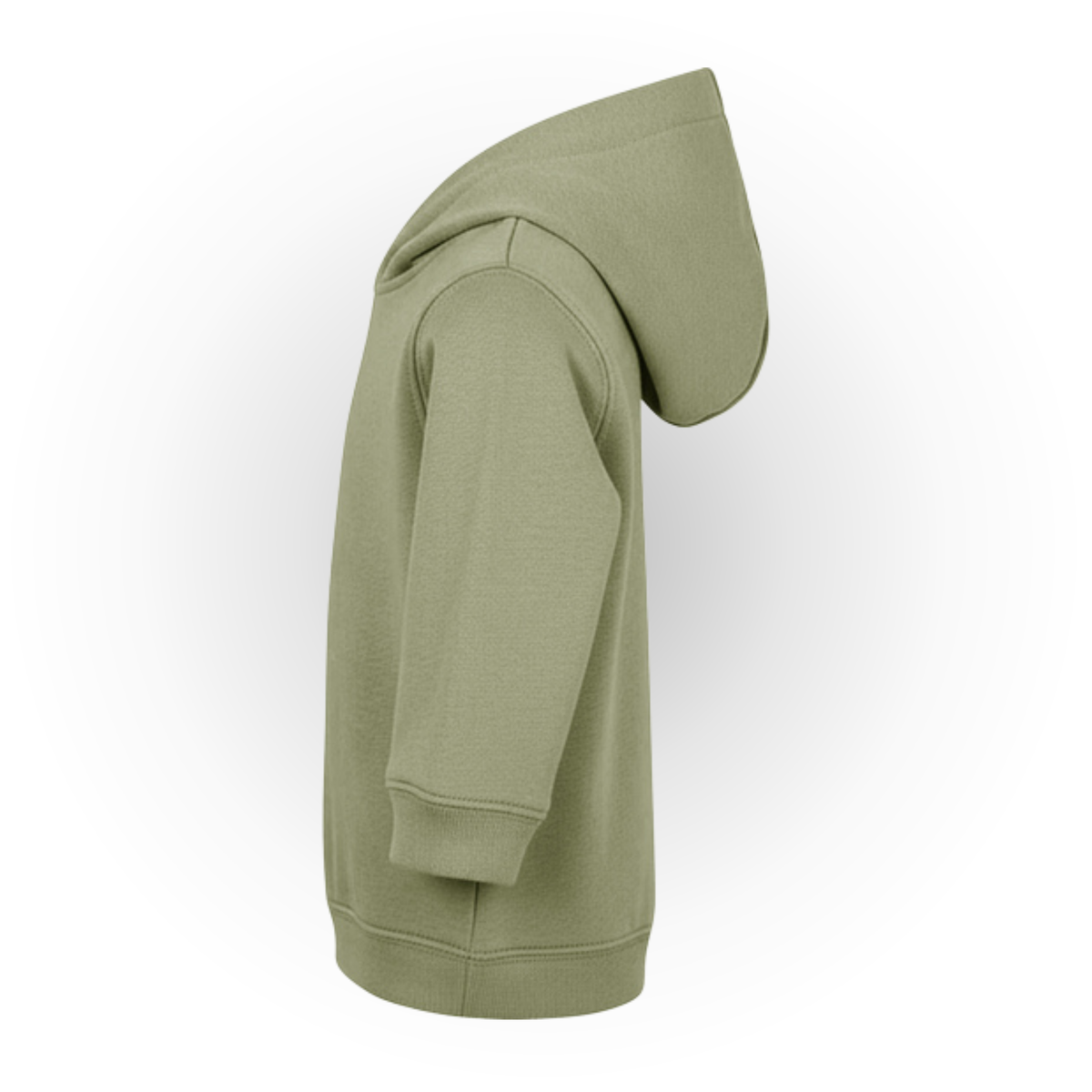 Einfarbiger Baby-Kapuzenpullover in Olive ohne Kängurutasche, mit überlappender Kapuze und breiten Rippbündchen an Ärmeln und Saum.