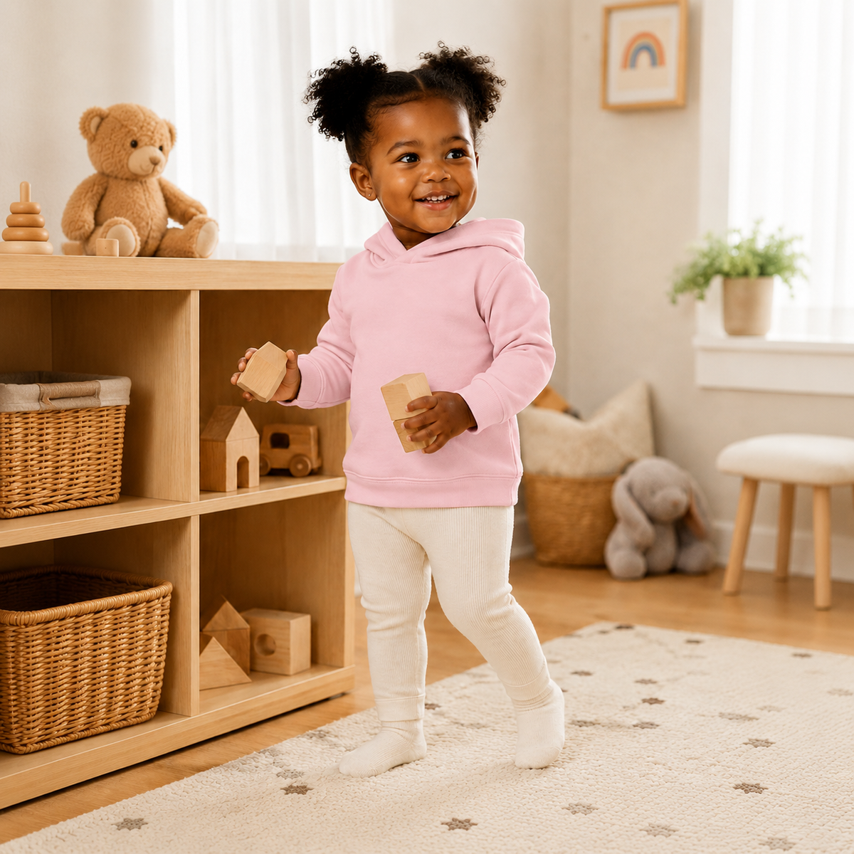 Einfarbiger Baby-Kapuzenpullover in Rosa ohne Kängurutasche, mit überlappender Kapuze und breiten Rippbündchen an Ärmeln und Saum.