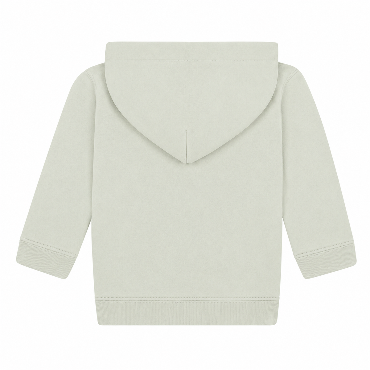 Einfarbiger Baby-Kapuzenpullover in Heather Grey ohne Kängurutasche, mit überlappender Kapuze und breiten Rippbündchen an Ärmeln und Saum.