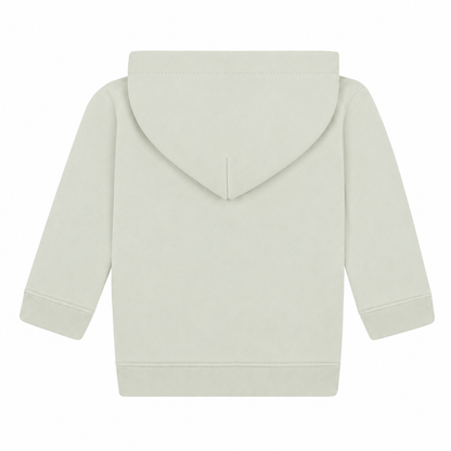 Einfarbiger Baby-Kapuzenpullover in Heather Grey ohne Kängurutasche, mit überlappender Kapuze und breiten Rippbündchen an Ärmeln und Saum.