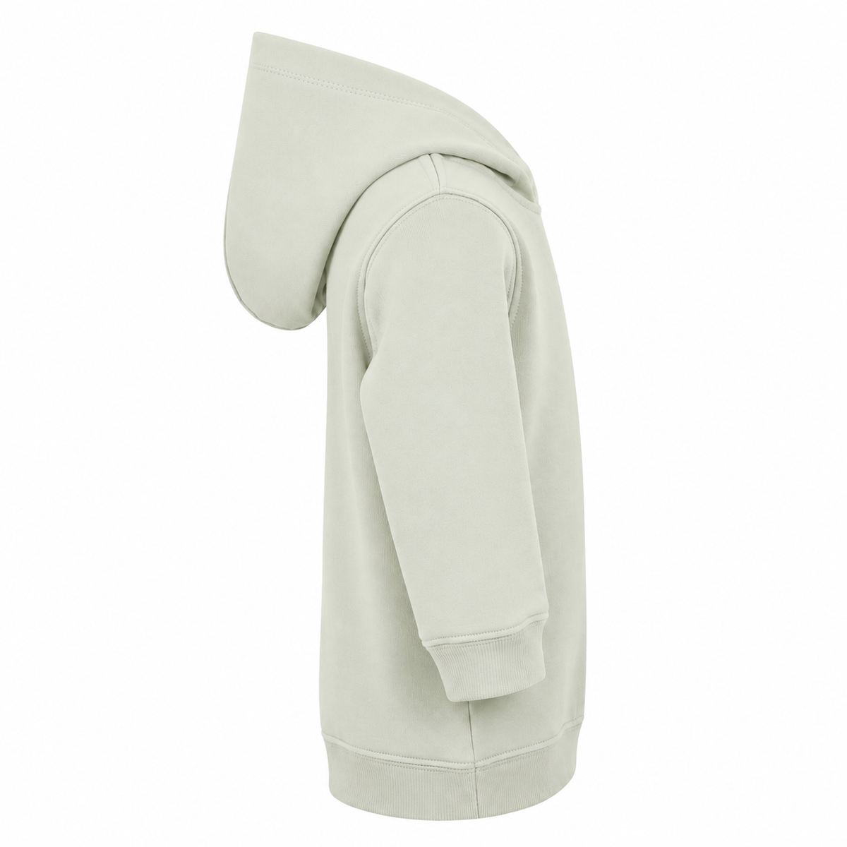 Einfarbiger Baby-Kapuzenpullover in Heather Grey ohne Kängurutasche, mit überlappender Kapuze und breiten Rippbündchen an Ärmeln und Saum.