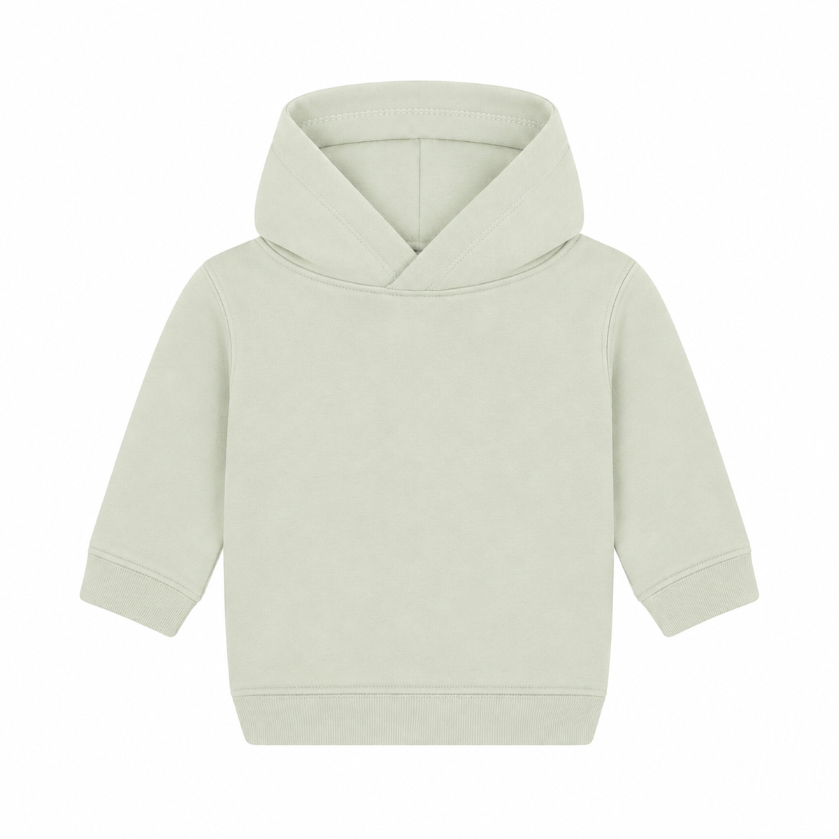 Einfarbiger Baby-Kapuzenpullover in Heather Grey ohne Kängurutasche, mit überlappender Kapuze und breiten Rippbündchen an Ärmeln und Saum.