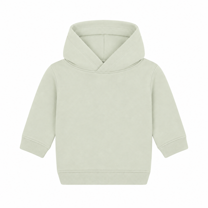 Einfarbiger Baby-Kapuzenpullover in Heather Grey ohne Kängurutasche, mit überlappender Kapuze und breiten Rippbündchen an Ärmeln und Saum.