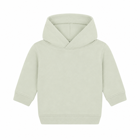 Einfarbiger Baby-Kapuzenpullover in Heather Grey ohne Kängurutasche, mit überlappender Kapuze und breiten Rippbündchen an Ärmeln und Saum.