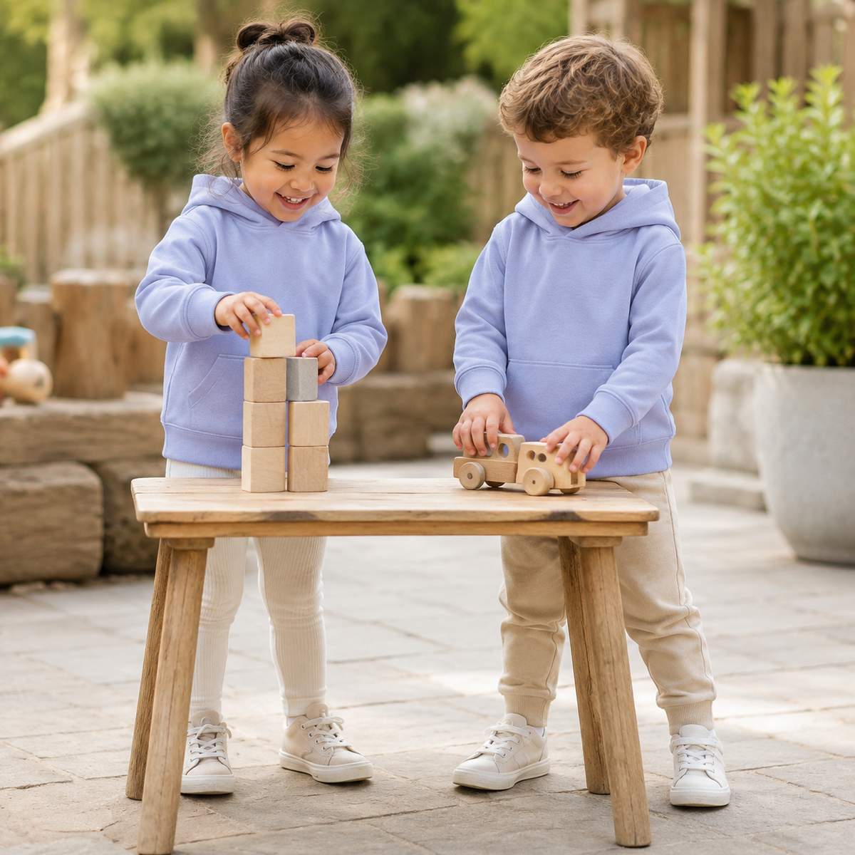 Einfarbiger Baby-Kapuzenpullover in Hellblau ohne Kängurutasche, mit überlappender Kapuze und breiten Rippbündchen an Ärmeln und Saum.