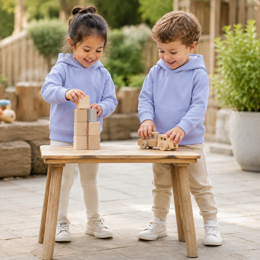 Einfarbiger Baby-Kapuzenpullover in Hellblau ohne Kängurutasche, mit überlappender Kapuze und breiten Rippbündchen an Ärmeln und Saum.