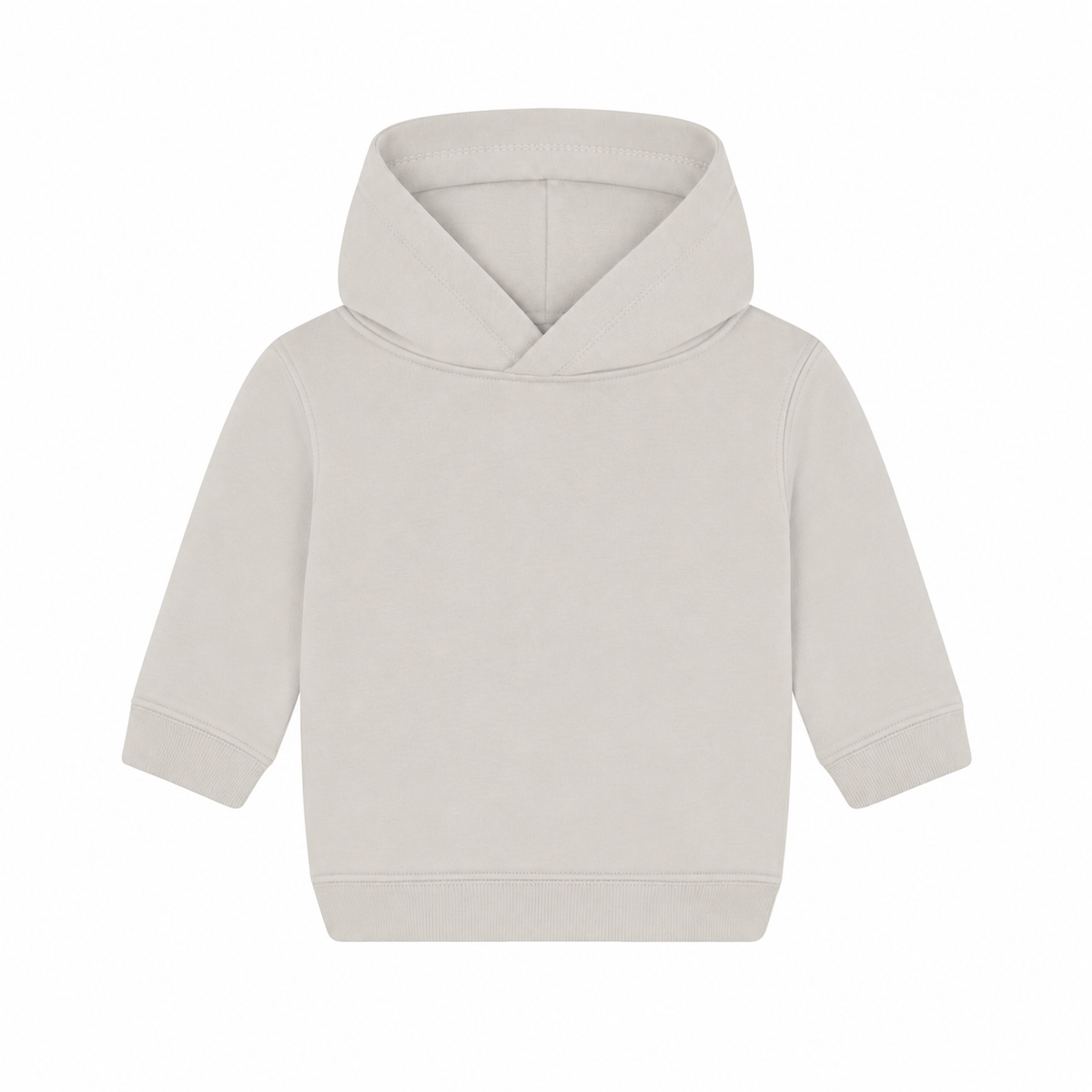 Einfarbiger Baby-Kapuzenpullover in Natural ohne Kängurutasche, mit überlappender Kapuze und breiten Rippbündchen an Ärmeln und Saum.