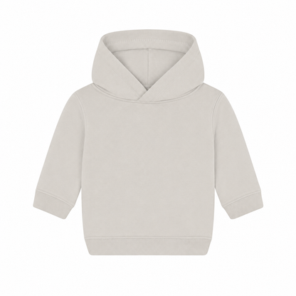 Einfarbiger Baby-Kapuzenpullover in Natural ohne Kängurutasche, mit überlappender Kapuze und breiten Rippbündchen an Ärmeln und Saum.