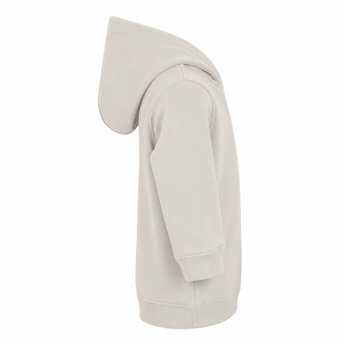 Einfarbiger Baby-Kapuzenpullover in Natural ohne Kängurutasche, mit überlappender Kapuze und breiten Rippbündchen an Ärmeln und Saum.