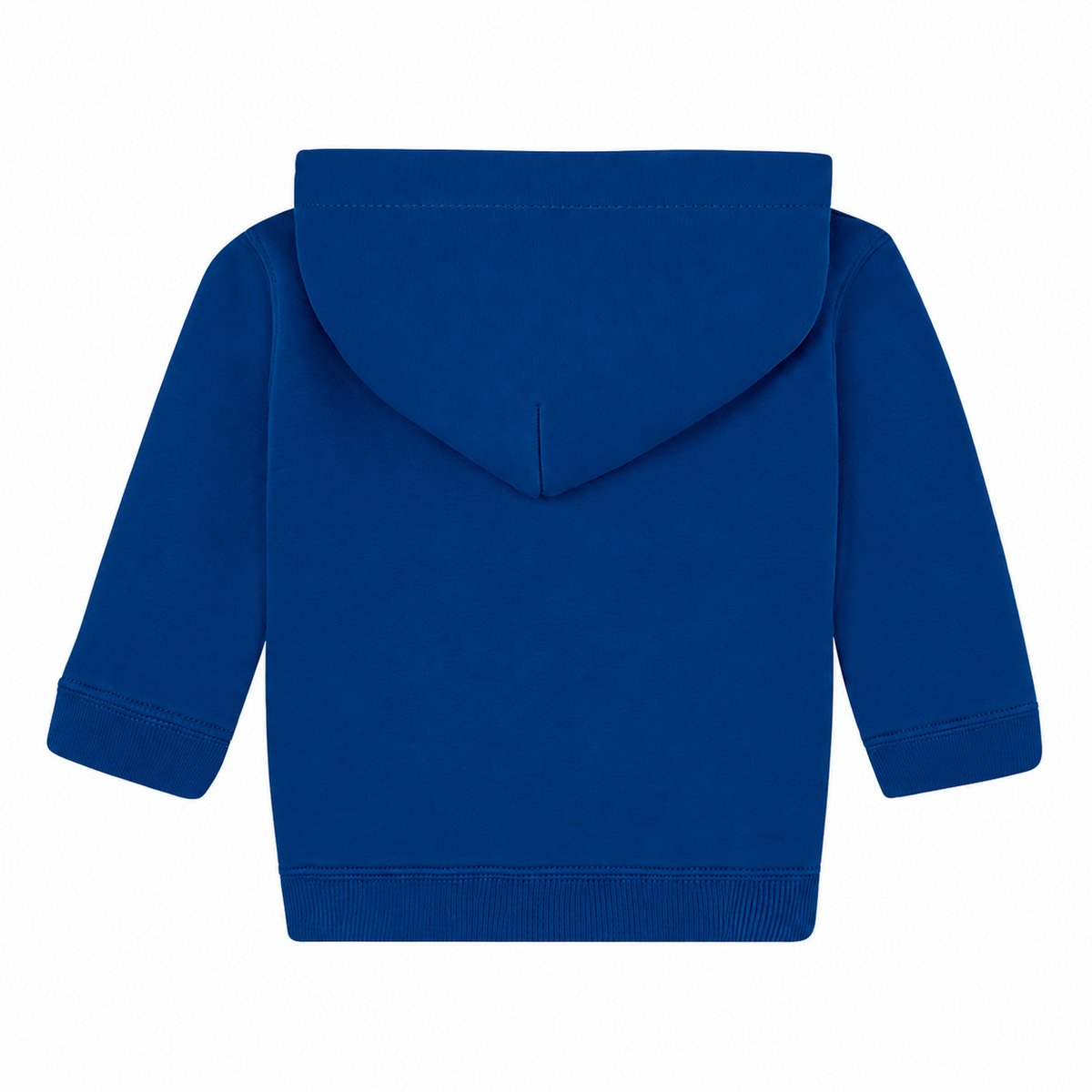 Einfarbiger Baby-Kapuzenpullover in Navy ohne Kängurutasche, mit überlappender Kapuze und breiten Rippbündchen an Ärmeln und Saum.