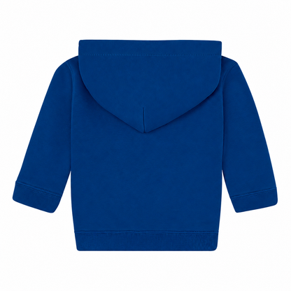 Einfarbiger Baby-Kapuzenpullover in Navy ohne Kängurutasche, mit überlappender Kapuze und breiten Rippbündchen an Ärmeln und Saum.