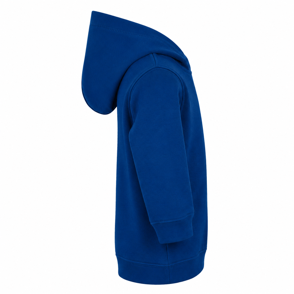 Einfarbiger Baby-Kapuzenpullover in Navy ohne Kängurutasche, mit überlappender Kapuze und breiten Rippbündchen an Ärmeln und Saum.