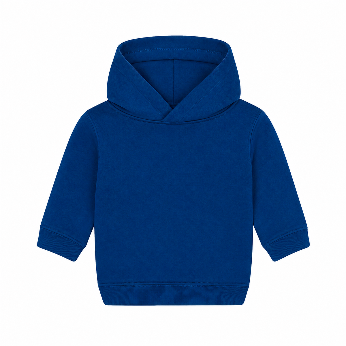 Einfarbiger Baby-Kapuzenpullover in Navy ohne Kängurutasche, mit überlappender Kapuze und breiten Rippbündchen an Ärmeln und Saum.
