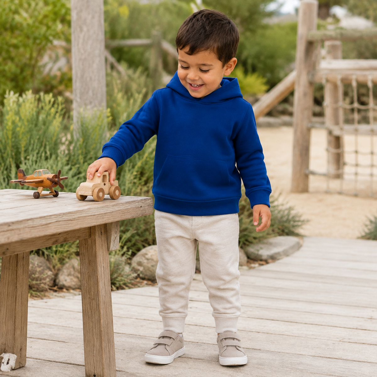 Einfarbiger Baby-Kapuzenpullover in Navy ohne Kängurutasche, mit überlappender Kapuze und breiten Rippbündchen an Ärmeln und Saum.