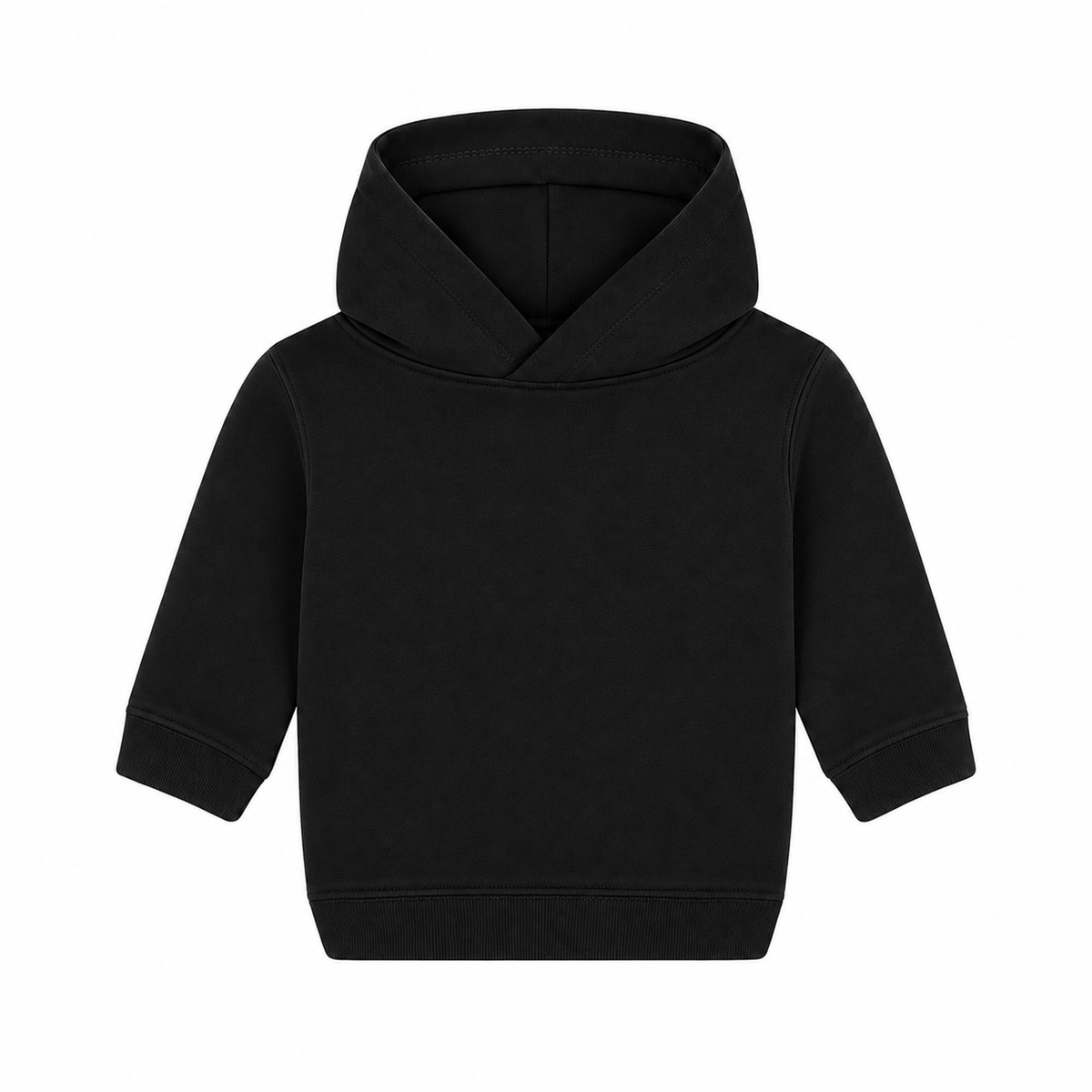 Einfarbiger Baby-Kapuzenpullover in schwarzer Tinte ohne Kängurutasche, mit überlappender Kapuze und breiten Rippbündchen an Ärmeln und Saum.