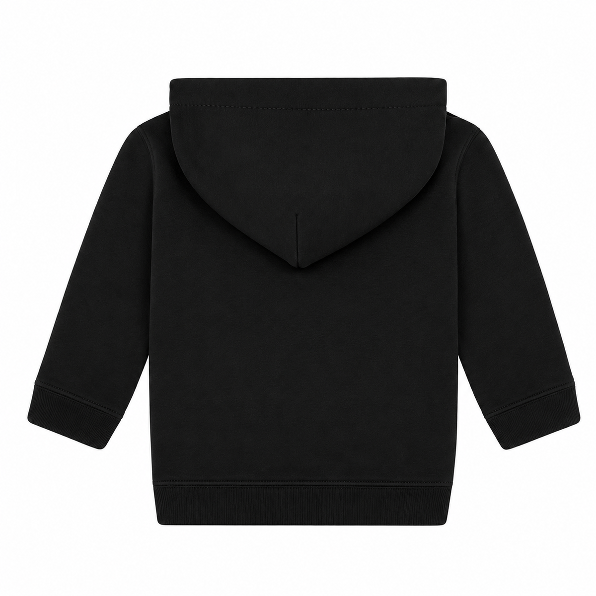 Einfarbiger Baby-Kapuzenpullover in schwarzer Tinte ohne Kängurutasche, mit überlappender Kapuze und breiten Rippbündchen an Ärmeln und Saum.