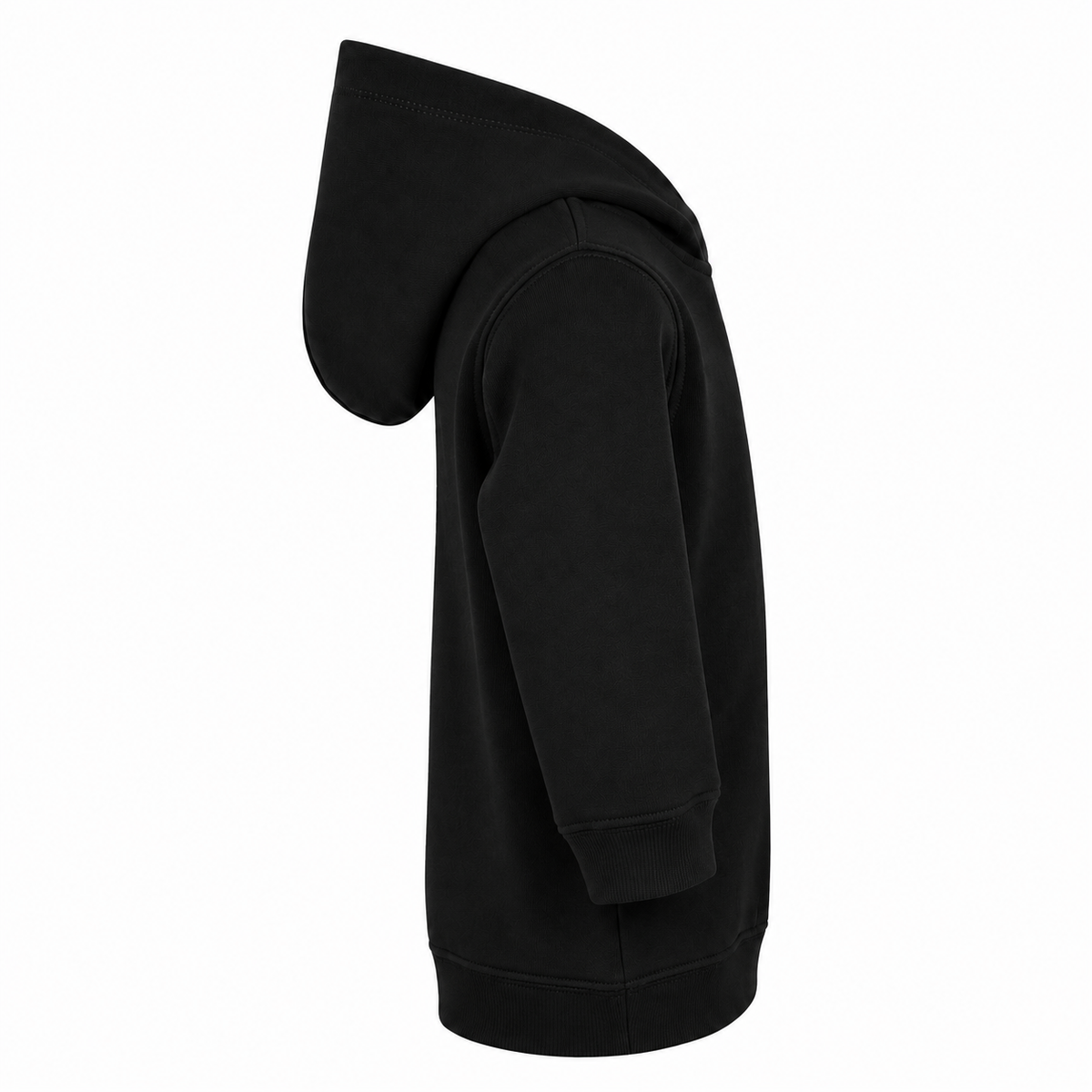 Einfarbiger Baby-Kapuzenpullover in schwarzer Tinte ohne Kängurutasche, mit überlappender Kapuze und breiten Rippbündchen an Ärmeln und Saum.