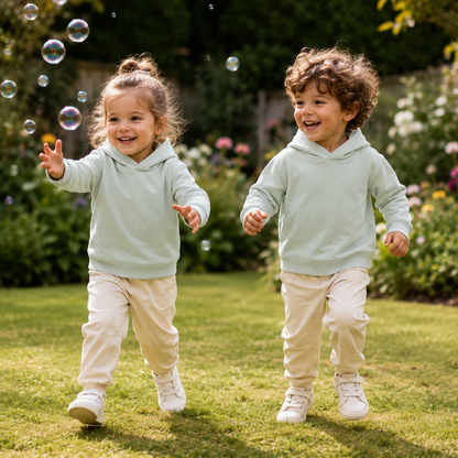 Einfarbiger Baby-Kapuzenpullover in Heather Grey ohne Kängurutasche, mit überlappender Kapuze und breiten Rippbündchen an Ärmeln und Saum.
