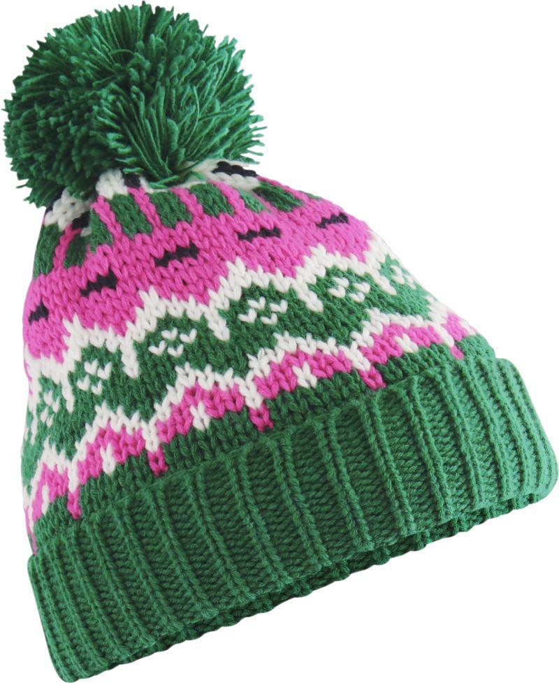 Unisex Strickmütze in Alpine lodge (Grün mit rosa weißem Muster) und grünem Bommel  sowie einem breitem Umschlag mit strukturiertem Strickmuster.