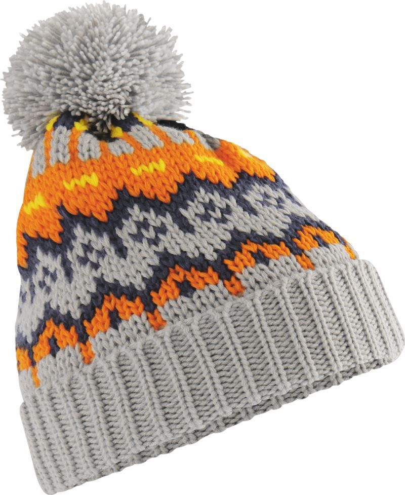 Unisex Strickmütze in Glacier Grey (Helles Grau mit gelben und dunkelblauen Muster) und hellgrauen Bommel  sowie einem breitem Umschlag mit strukturiertem Strickmuster.