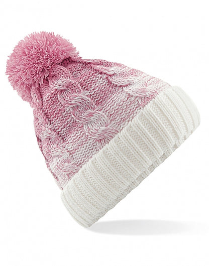 Unisex Strickmütze ins Rosa Weiß mit rosanem Bommel und breitem Umschlag soweie strukturiertem 
