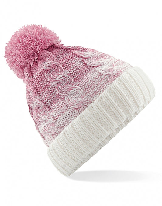 Unisex Strickmütze ins Rosa Weiß mit rosanem Bommel und breitem Umschlag soweie strukturiertem 