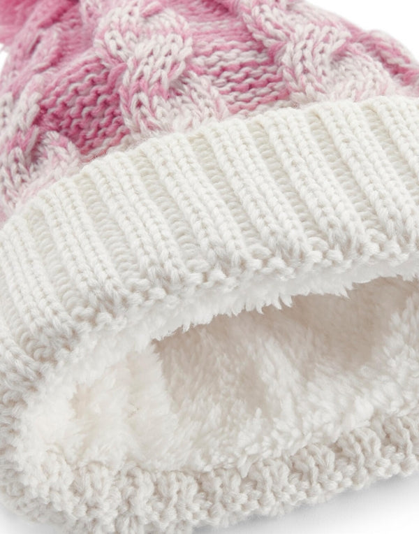 Unisex Strickmütze ins Rosa Weiß mit rosanem Bommel und breitem Umschlag soweie strukturiertem 