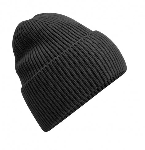 Unisex Strickmütze in Charcoal
mit breitem Umschlag und Rippstrick.
