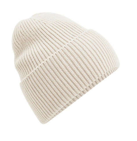 Unisex Strickmütze in Oatmeal
 mit breitem Umschlag und Rippstrick.