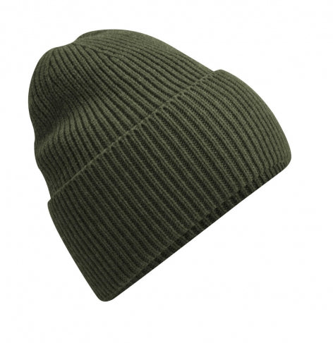 Unisex Strickmütze in Olive Green mit breitem Umschlag und Rippstrick.