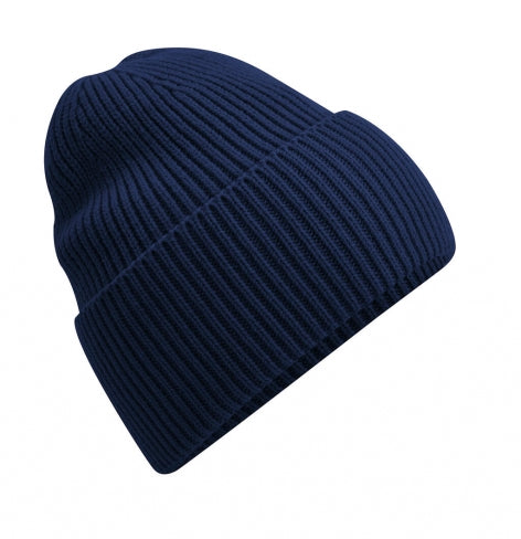 Unisex Strickmütze in Oxford Navy mit breitem Umschlag und Rippstrick.