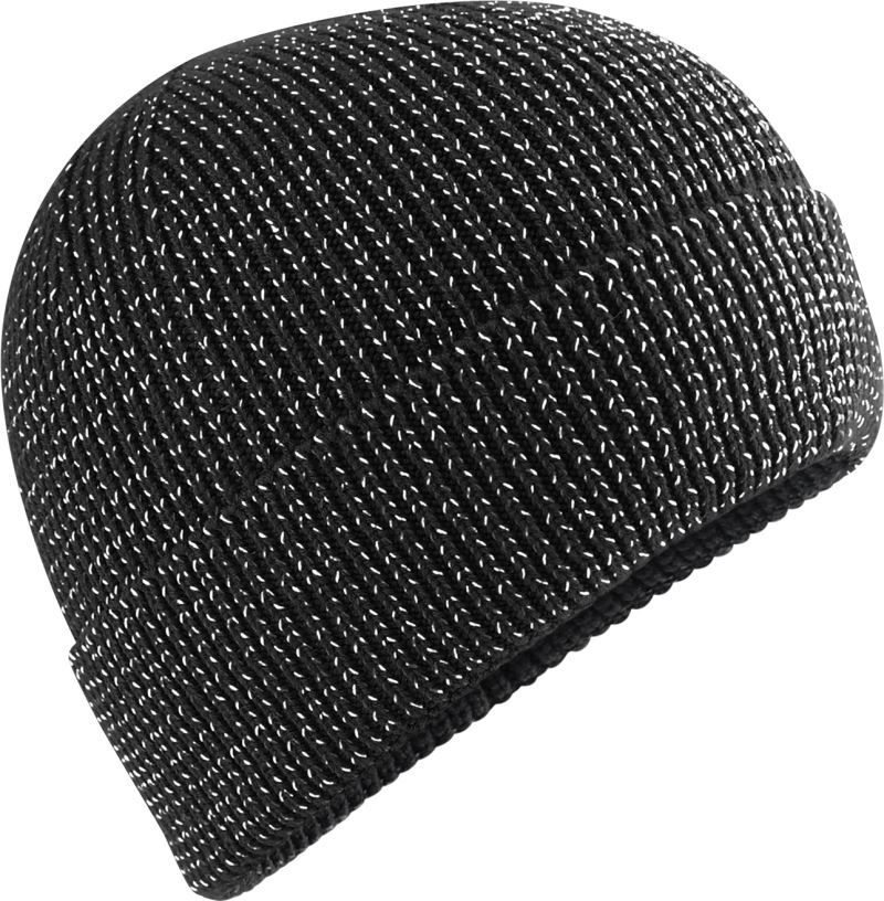Unisex Strickmütze in Black mit Leichtem und atmungsaktives Material, Umschlag, doppelt gestrickt sowie reflektierende Details,  