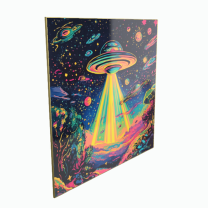 Surrealistische Pop-Art-Illustration eines leuchtenden UFOs, das einen gelben Lichtstrahl auf eine neonfarbene Landschaft wirft, umgeben von bunten Planeten im dunklen Weltall, gerahmt in dünnem Gold.