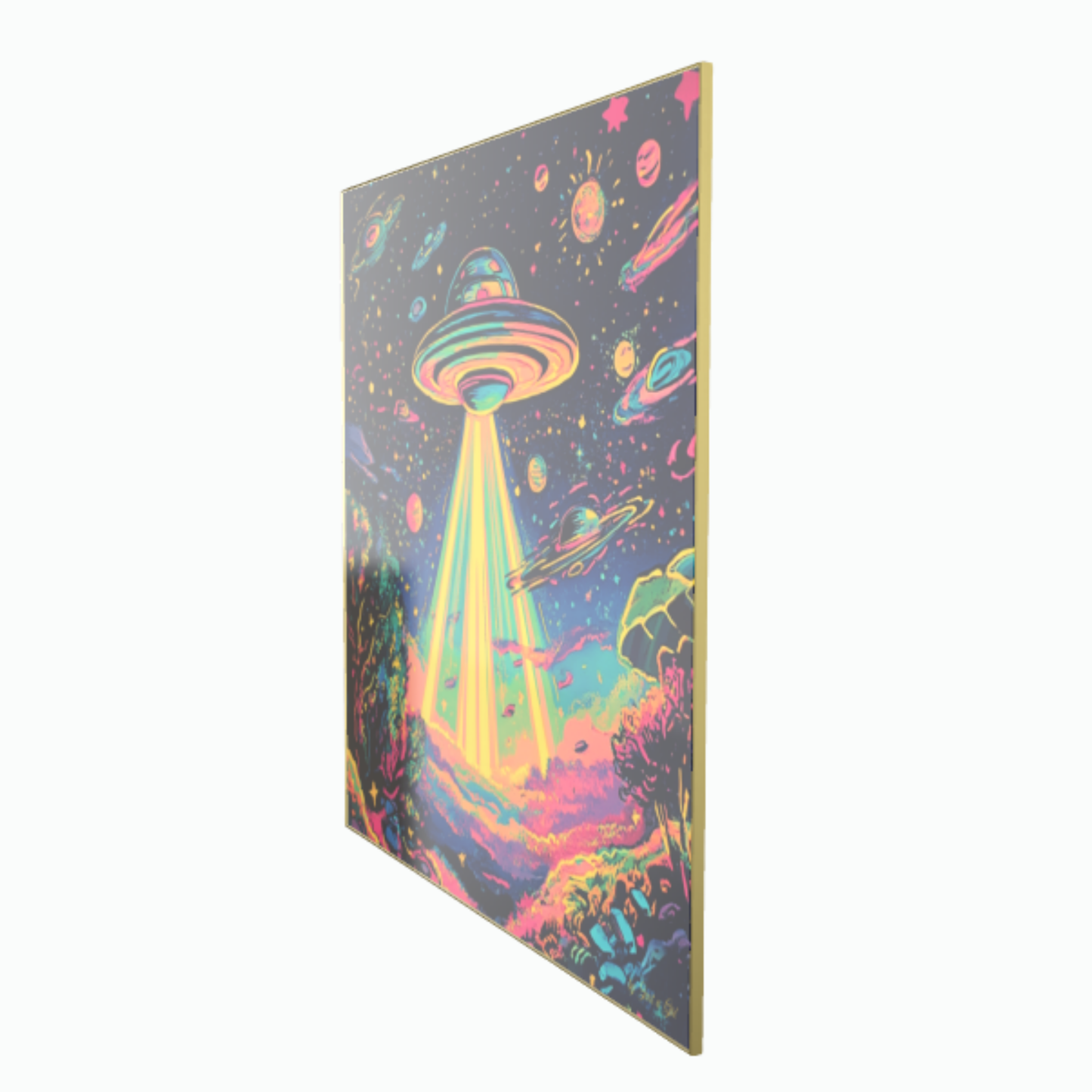 Surrealistische Pop-Art-Illustration eines leuchtenden UFOs, das einen gelben Lichtstrahl auf eine neonfarbene Landschaft wirft, umgeben von bunten Planeten im dunklen Weltall, gerahmt in dünnem Gold.