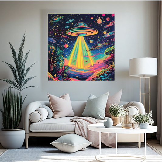 Surrealistische Pop-Art-Illustration eines leuchtenden UFOs, das einen gelben Lichtstrahl auf eine neonfarbene Landschaft wirft, umgeben von bunten Planeten im dunklen Weltall, gerahmt in dünnem Gold. Platziert an einer Wand
