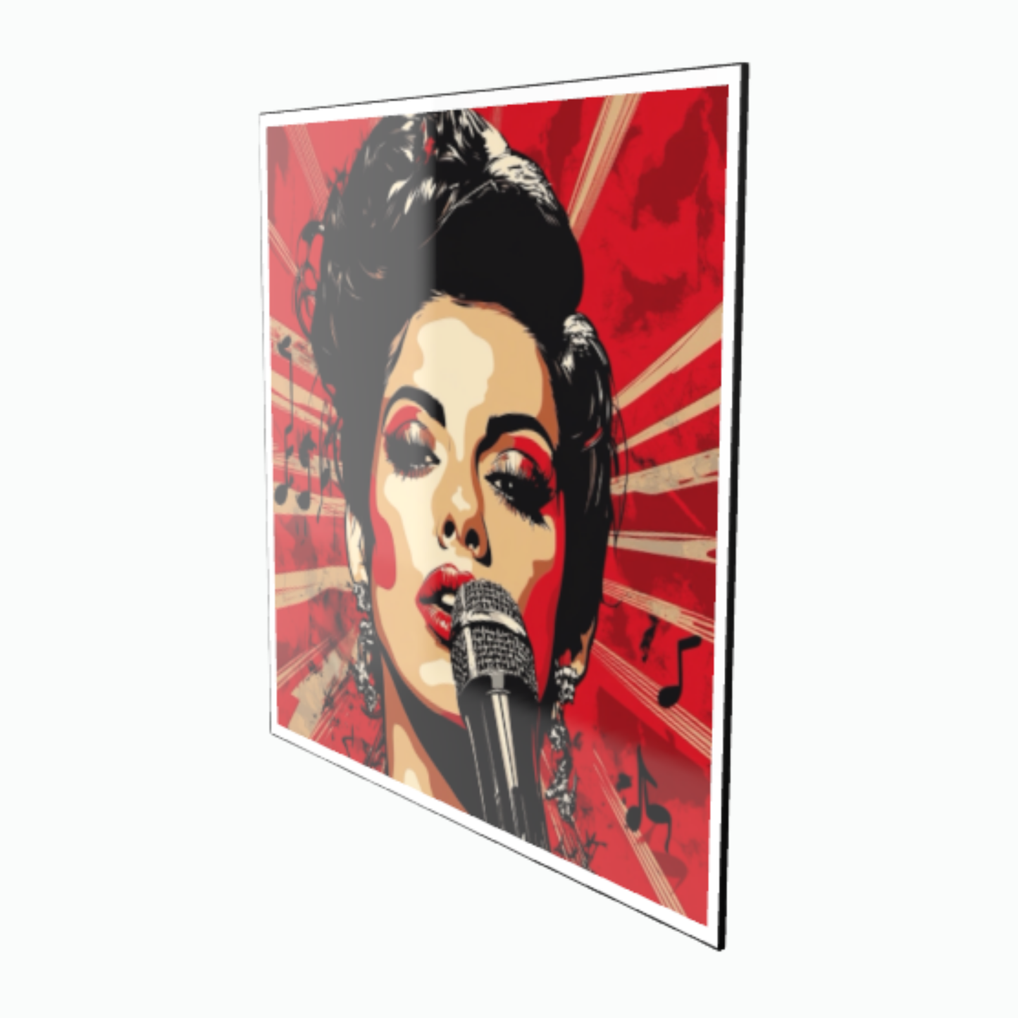 Pop-Art-Portrait einer legendären Soul Diva (A. Winehouse) mit Hochsteckfrisur und Mikrofon vor einem rot-strahlenförmigen Hintergrund mit Notensymbolen, gerahmt in Schwarz.